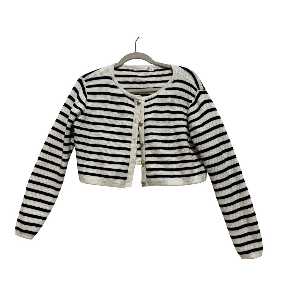 Altar'd State Women XXS Stripe Crop Cardigan Gold Button Black White minimalist